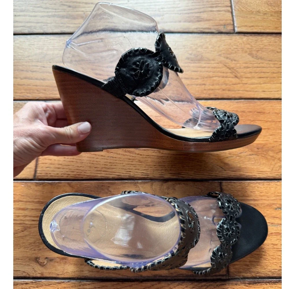 Jack Rogers Wedge Sandal Women 10 Black Preppy Whipstitch Rondelle Leather Shoes